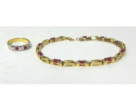 A 9ct gold bracelet, also an 18ct gold ring set with ruby and diamonds (2).