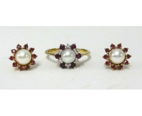 A pair 9ct ruby and pearl earrings and a similar diamond and pearl ring, finger size N1/2.