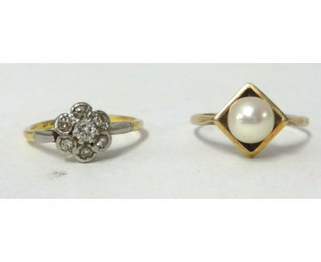 An 18ct gold and platinum diamond ring, size O also a 9ct gold and pearl type ring, size R