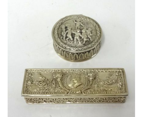 An ornate oblong silver box decorated with a portrait and swags also another silver circular box embossed with cherubs (2), a