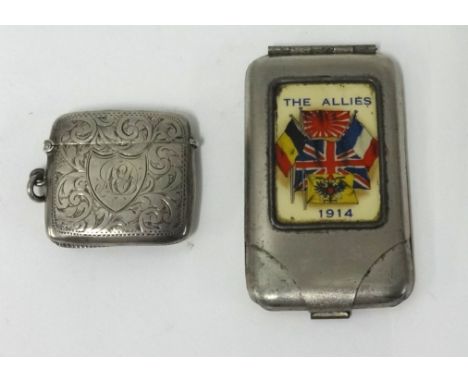 A silver vesta and a plated and an 'Allies 1914' cigarette case (2).