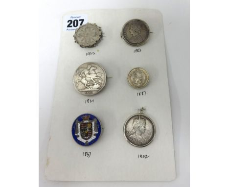 Six various vintage coin brooches.