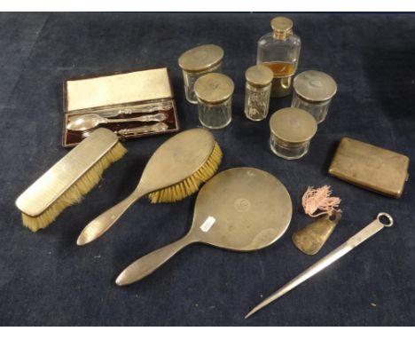 Various silver to include a silver dressing table set including cigarette case and a boxed set of knifes, forks and spoons.