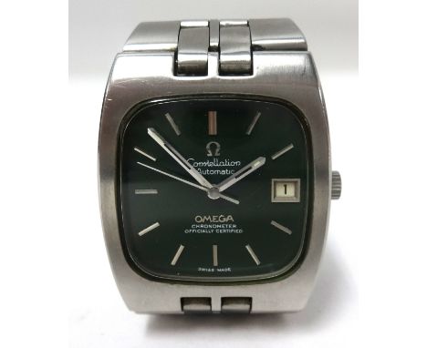 Omega, 1970's gents constellation automatic chronometer wristwatch with green dial and date window in stainless steel.