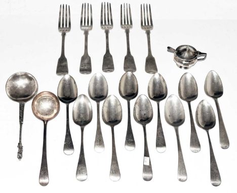 Quantity of Georgian and Victorian silver cutlery to include table forks, dessert spoons and sauce ladle, together with a Geo