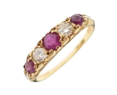 18ct gold ruby and diamond five-stone ring, size P approx, 3.7g gross approx