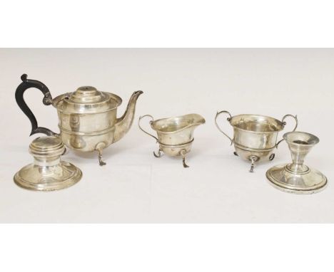 Silver three-piece tea set (A/F), Chester 1899/1907, teapot 13.5cm high, 525g gross approx., together with a George V capstan