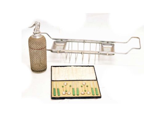 Art Deco chrome bath caddy (77cm wide overall), together with a  soda syphon and a set of silver plated Art Deco coffee spoon