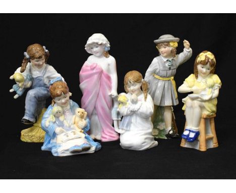 Royal Worcester - Set of six Katie's Day figures comprising; 'Bed Time', 'Bath Time', 'Story Time', 'School Time', 'Tea Time'