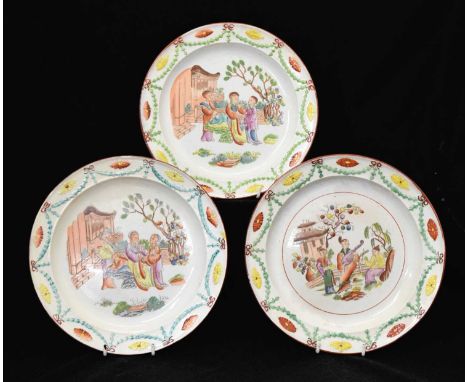 Three early 19th century Davenport plates, each printed and painted with chinoiserie decoration within moulded border, impres