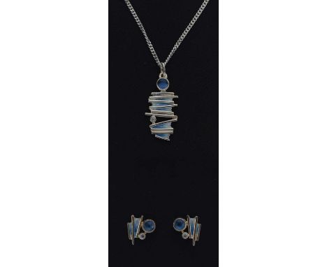 Sheila Fleet (Orkney) 'Moonlight' silver and enamel pendant set with a moonstone and cubic zirconia, on an 18"-20" curb link 