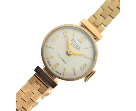 Rone - Lady's 9ct gold bracelet watch, having a silvered dial with applied gilt baton and quarter Arabic hour markers, 17 jew