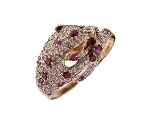 9ct gold, ruby and diamond 'Panther' ring, size X approx, 4.7g gross approx