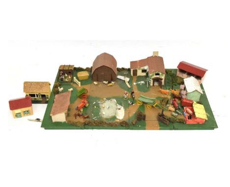 Scratch built fold-up farm yard play set, together with out-buildings and a large quantity of Charbens, Britains and unmarked