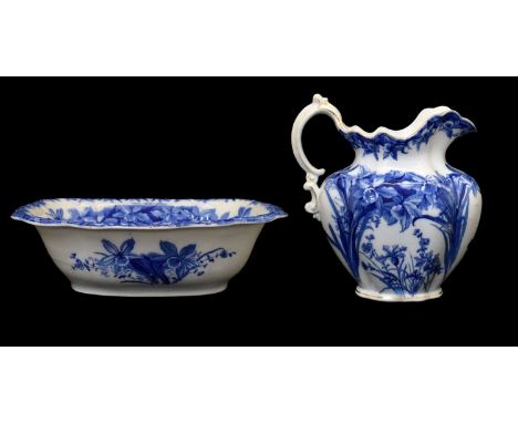 Wedgwood &amp; Co 'Nancy' pattern flow blue and white jug and basin, 27cm high (jug)