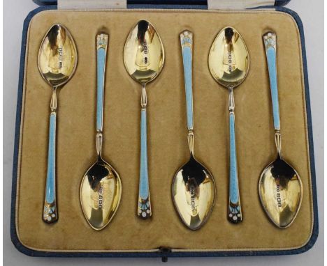 Cased set of six George V blue enamel and silver gilt demi-tasse coffee spoons, sponsor's mark of Turner &amp; Simpson, Birmi