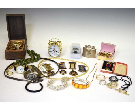Mixed quantity of costume jewellery including enamel pin badges, cufflinks, brooches, R.A.O.B medallions, etc