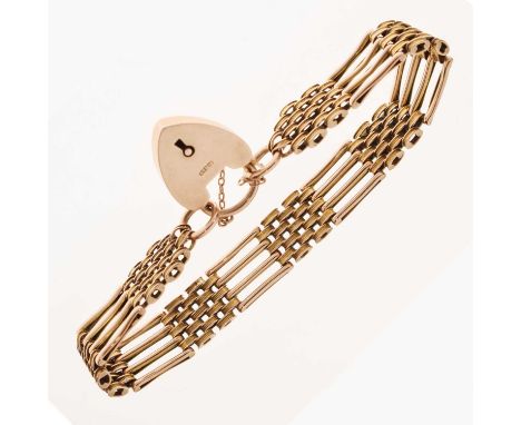 9ct gold gate link bracelet with heart shaped padlock, 20g approx, in fitted case