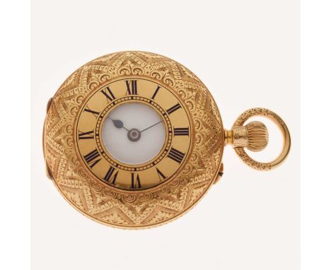 Edwardian lady's 18ct gold half hunter-style fob watch, having a white enamel Roman dial with blued steel hands, enamelled ch