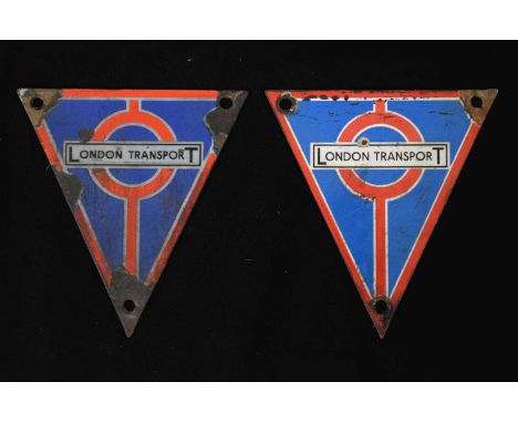 Two triangular-shaped enamel London Transport bus radiator badges, 14cm x 15cm high 