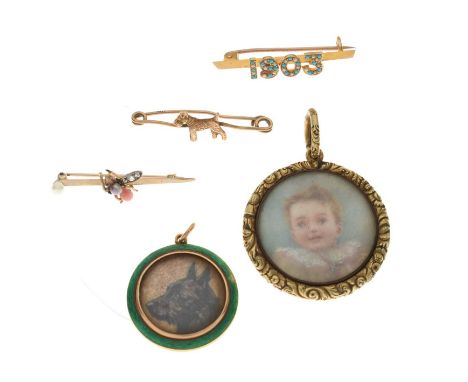 Three unmarked yellow metal Victorian/Edwardian era bar brooches, including an example '1903' formed from turquoise and seed 