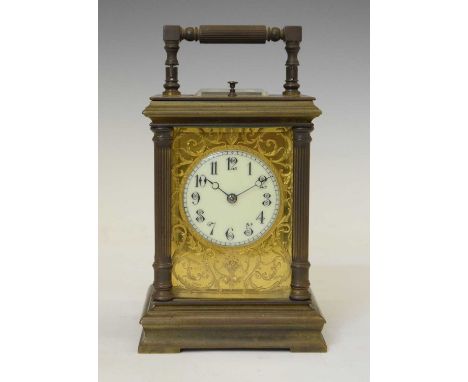 French brass-cased repeater carriage clock, having circular cream Arabic dial with Breguet-style blued steel hands, surround 