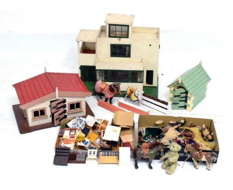 Bros. Ltd wooden Art-Deco style dolls house, with a quantity of furniture (54cm x 29.5cm x 28cm high), together with a quanti