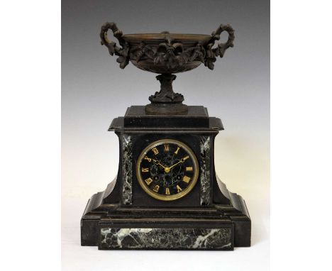 French black slate mantel clock with gilt Roman chapter ring with green marble centre and gilt breguet-type hands, movement s