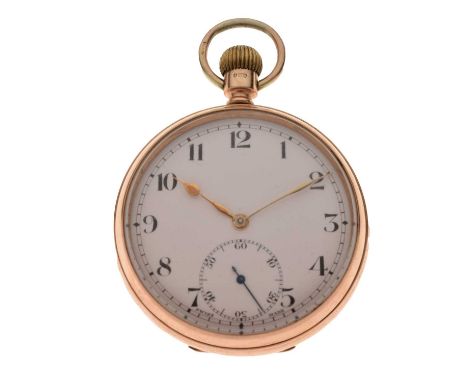 George V 9ct gold open-faced pocket watch, having a white enamel Arabic dial with seconds subsidiary and gilt hands, Chester 