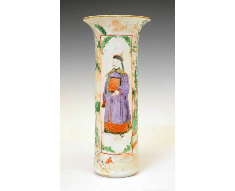 Chinese Canton Famille Verte porcelain sleeve vase, late 19th century, decorated in enamel colours with two Emperors or other