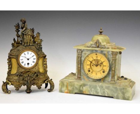 Green onyx mantel clock, having a gilt dial with black Roman hour markers, movement stamped 'Ansonia Clock Co., New York', wi