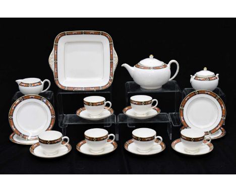 Wedgwood Chippendale pattern part tea service comprising; six cups, six saucers, four side plates, tea pot, sugar bowl, milk 