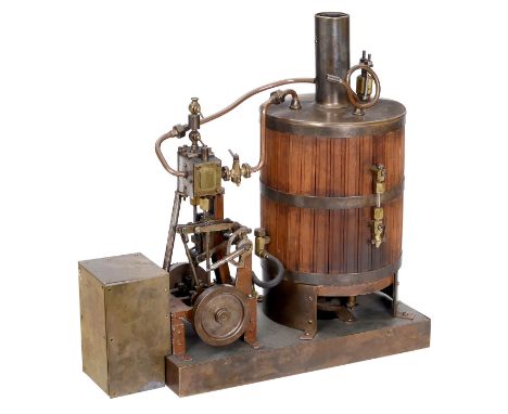 Große Dampfmaschinen-Anlage, um 1925  Stehende Einzylinder-Dampfmaschine, Zylinder Ø 5,3 cm, Kreuzkopfführung, Schiebersteuer