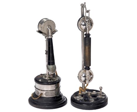 2 Haustelephone, um 1910  1) Aktiebolaget Monofon, Stockholm, für 5 Anschlüsse, Handapparat mit Einsprechtrichter, Höhe 29 cm