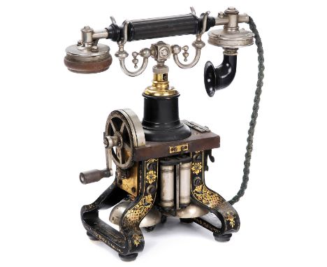 Skelett-Telephon von Ericsson, Modell 375, ab 1892  L.M. Ericsson, Stockholm. Einsprechtrichter, Blitzschutz, Fliehkraftschal