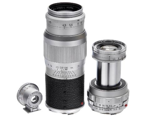 Elmar 4/9 cm, Hektor 4,5/13,5 cm und Sucher  Leitz, Wetzlar. 1) Hektor 4,5/13,5 cm, Nr. 1413916, für M, Glas sauber. Mit Gara