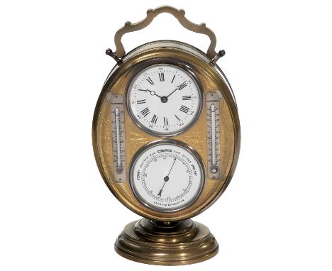 Französische Schreibtischuhr mit Barometer und Thermometer, um 1890  Ovales Messinggehäuse mit geformtem Sockelfuß und aufkla