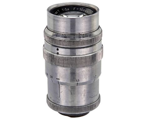 Frühe Industar-7-Optik 3,5/10,5 cm für M39, um 1933-40  Gomz, UdSSR. Nr. 1129, M39-Gewinde mit Entfer-nungsmesser-Kupplung. N