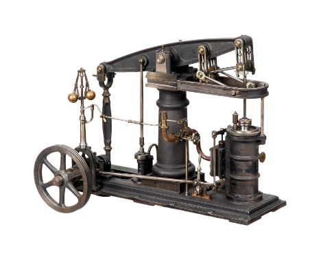 Modell einer Einzylinder-Balancier-Dampfmaschine, um 1920  Fein ausgearbeitetes Funktionsmodell aus Messing, Stahl und Gußeis