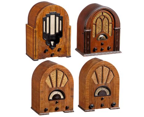 4 Radioempfänger mit Holzgehäusen in Kathedralenform  1) Super Inductance 636A, Philips, Eindhoven, um 1933, 8 Röhren, Langwe