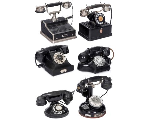 6 Tischtelephone  1) Association des Ouvriers en Instruments de Précision, Frankreich, Modell 1924, rundes Metallgehäuse, Wäh