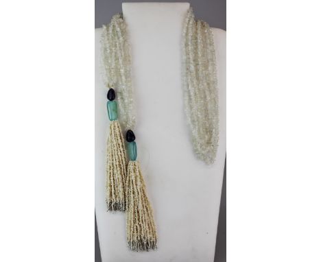 A lovely necklace of polished quartz crystal  amethyst, serpentine and freshwater pearl beads in the form of a scarf, L. 120c