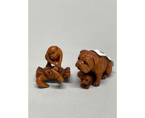Two carved fruitwood Netsuke, H. 4cm (monkey missing an eye).