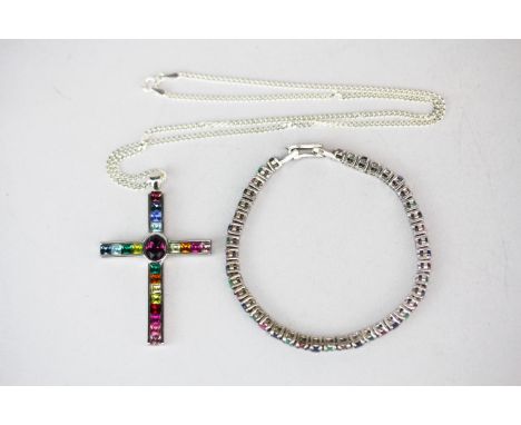A silver line bracelet set with ruby, emerald and sapphires, together with a semi precious stone set necklace on a 925 chain.