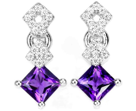 A pair of 925 silver earrings set with step cut amethysts and white stones, L. 1.7cm.