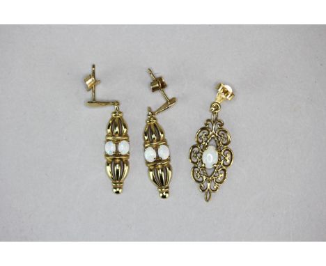 A pair of 9ct gold and opal earrings, together with a single similar earring.