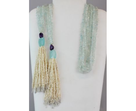 A lovely necklace of polished aquamarine, amethyst, serpentine and freshwater pearl beads in the form of a scarf, L. 120cm.
