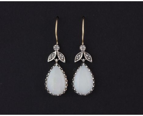 A pair of silver and 9ct gold (hoops) drop earrings each set with a cabochon pear cut opal and diamonds, L. 2.2cm.