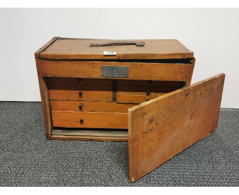 A vintage toolbox and contents, 50 x 23 x 35cm.