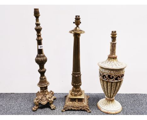 Two gilt brass table lamps and a further crackle glazed lamp, tallest H. 58cm.